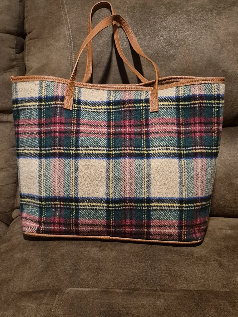 Plaid Tote with Brown Leather Center Panel and Monogram Accent